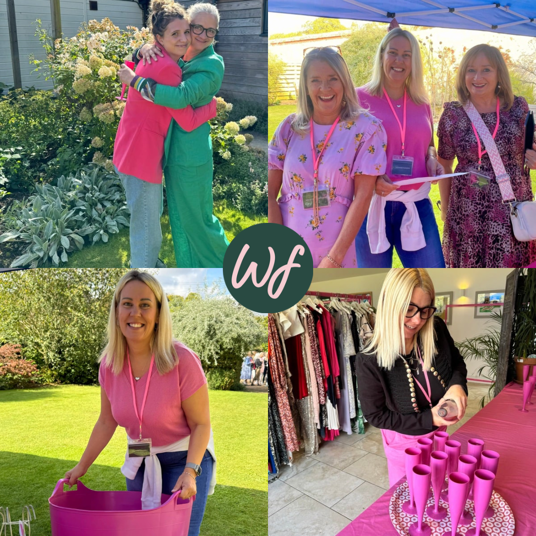 Collage of women in pink at various events with a visible 'WF' logo.